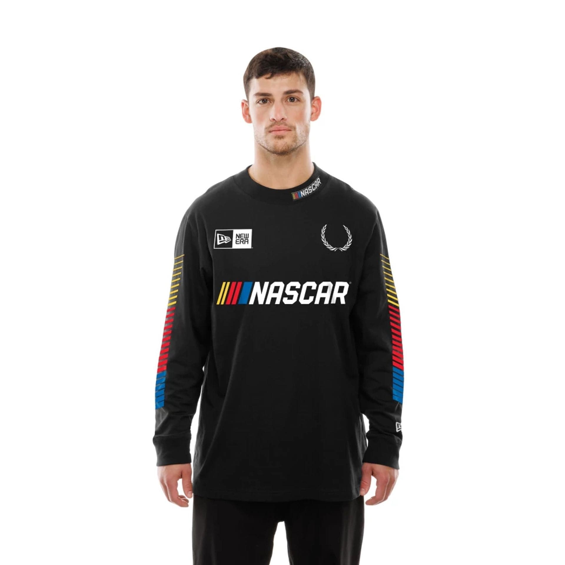 The Male model is wearing Nascar Generic Logo Modern Driver Black Long Sleeve T-Shirt 6