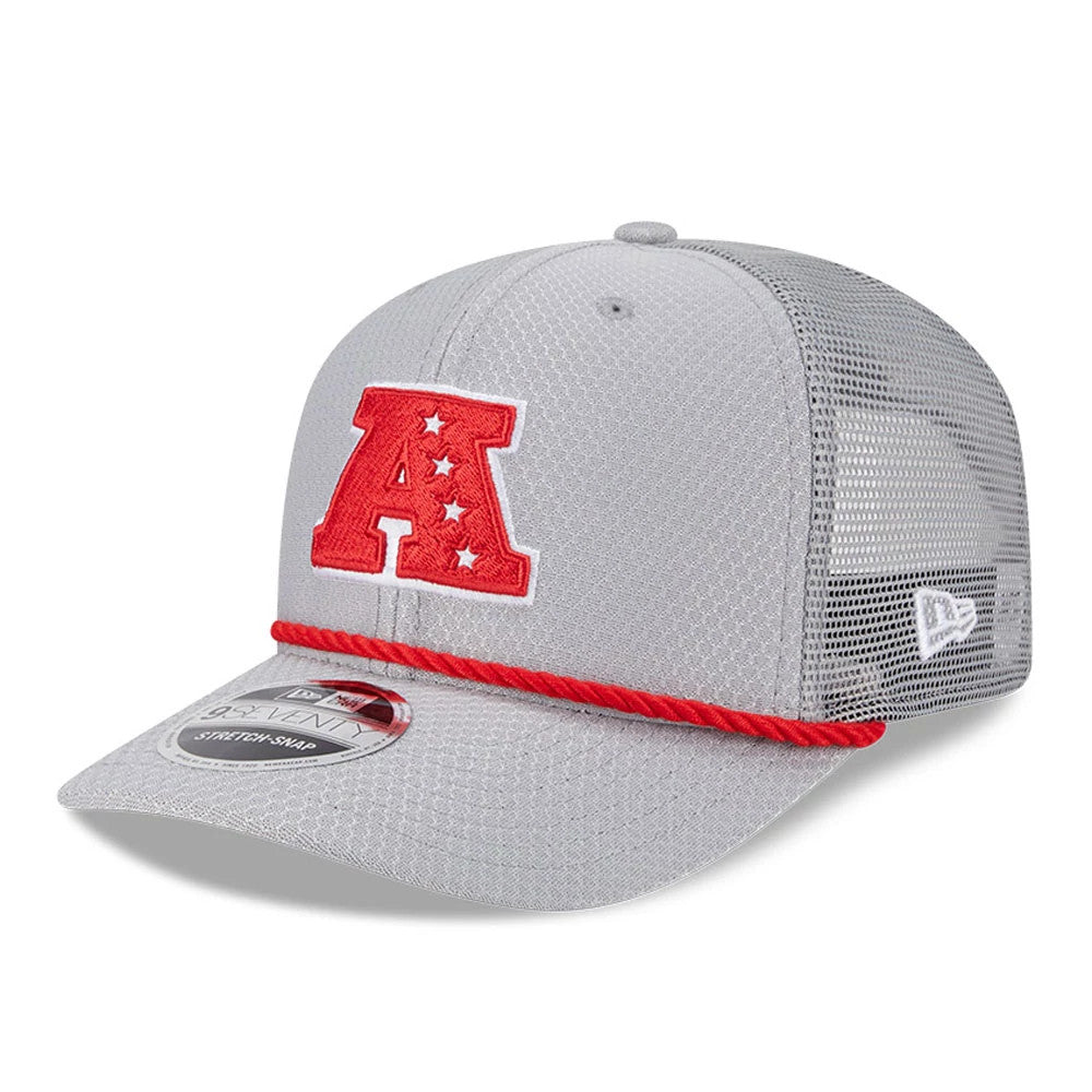 Pictured is this NFL Pro Bowl 2025 AFC Logo 9SEVENTY Trucker Stretch Snap Adjustable cap in grey. 1