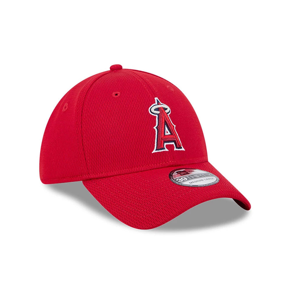 Pictured is this MLB Evergreen LA Angels 39THIRTY Stretch Fit cap in red. 3