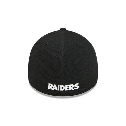 Las Vegas Raiders NFL Evergreen Black New Era 39THIRTY Stretch Fit Cap, rear view showing large white embroidered Raiders lettering across the lower back of the black crown, positioned above the bottom edge.