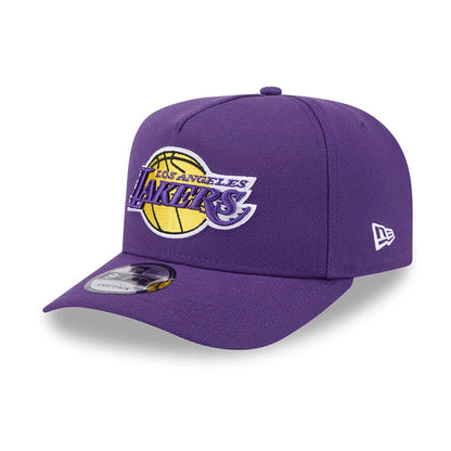 LA Lakers NBA Evergreen Purple New Era 9FIFTY A-Frame Snapback Adjustable Cap, front view showing the purple and yellow raised embroidered Lakers logo on the front panel and New Era flag logo on the left side, with a 9FIFTY size sticker on the visor.