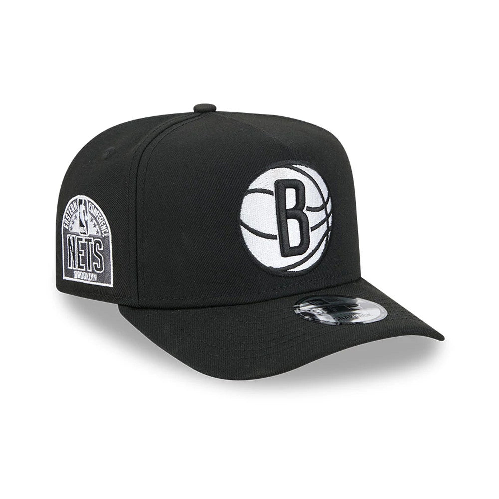 Pictured is this NBA Evergreen Brooklyn Nets 9FIFTY A-Frame Snapback cap in black. 1