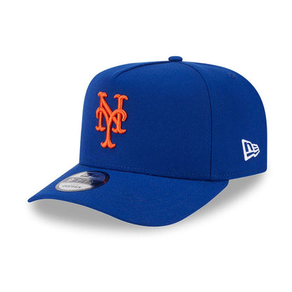 New York Mets MLB Evergreen Blue New Era 9FIFTY A-Frame Snapback Adjustable Cap, front view showing the raised orange NY logo on the front panel, blue visor with a 9FIFTY size sticker, and New Era flag logo on the left side.