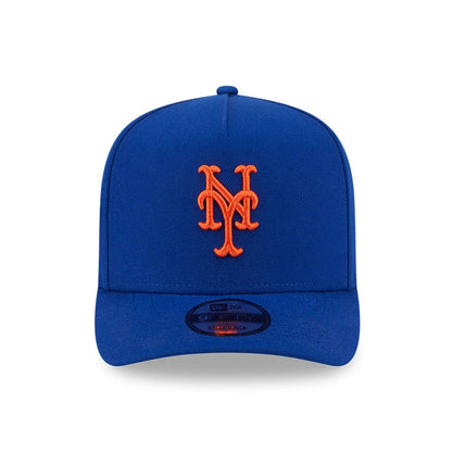 New York Mets MLB Evergreen Blue New Era 9FIFTY A-Frame Snapback Adjustable Cap, front view showing the orange embroidered Mets logo on the structured blue crown, with the 9FIFTY size sticker centred on the flat visor.