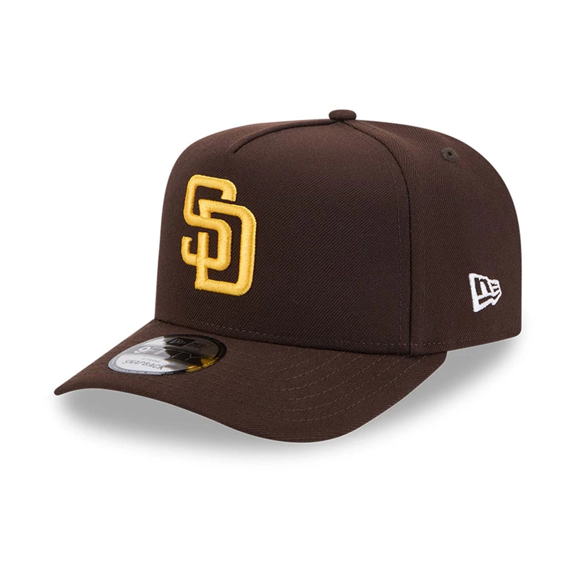 Pictured is this MLB Evergreen San Diego Padres 9FIFTY A-Frame Snapback cap in dark brown. 4