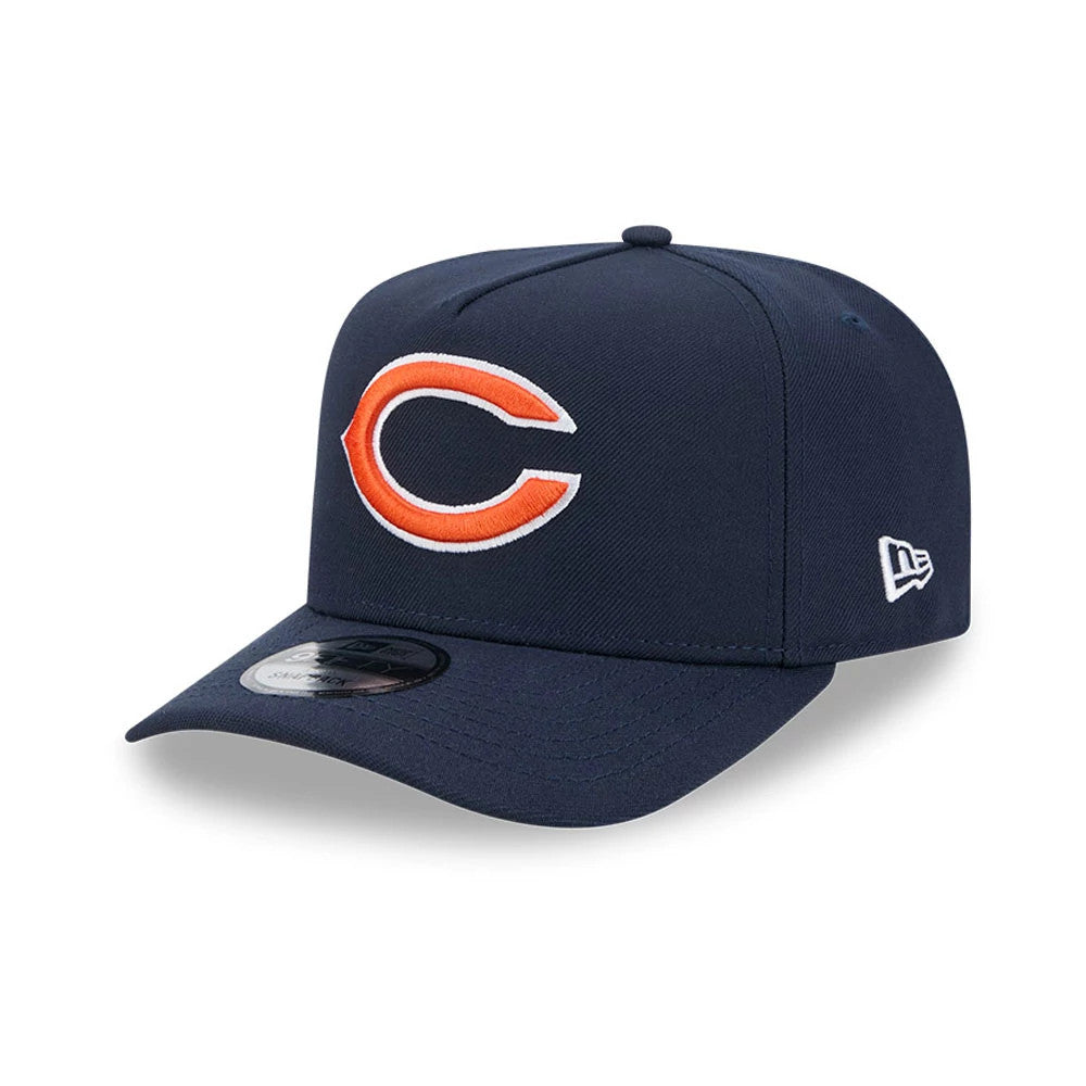 Chicago Bears NFL Evergreen Navy New Era 9FIFTY A-Frame Snapback Adjustable Cap, front view with an orange and white C logo embroidered on the front panel, navy curved visor with a 9FIFTY size sticker, and New Era flag logo on the left side.
