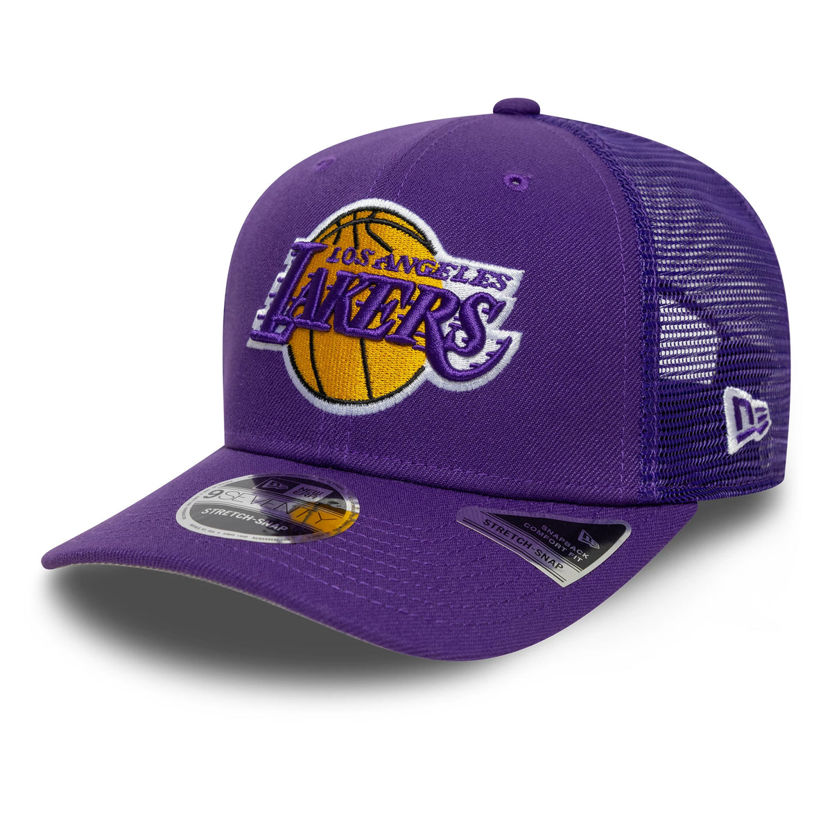 LA Lakers NBA Evergreen Purple New Era 9SEVENTY Stretch Snap Adjustable Cap, front view showing the raised Lakers logo embroidered on the front panel, purple mesh side panels, and a 9SEVENTY size sticker on the purple visor.