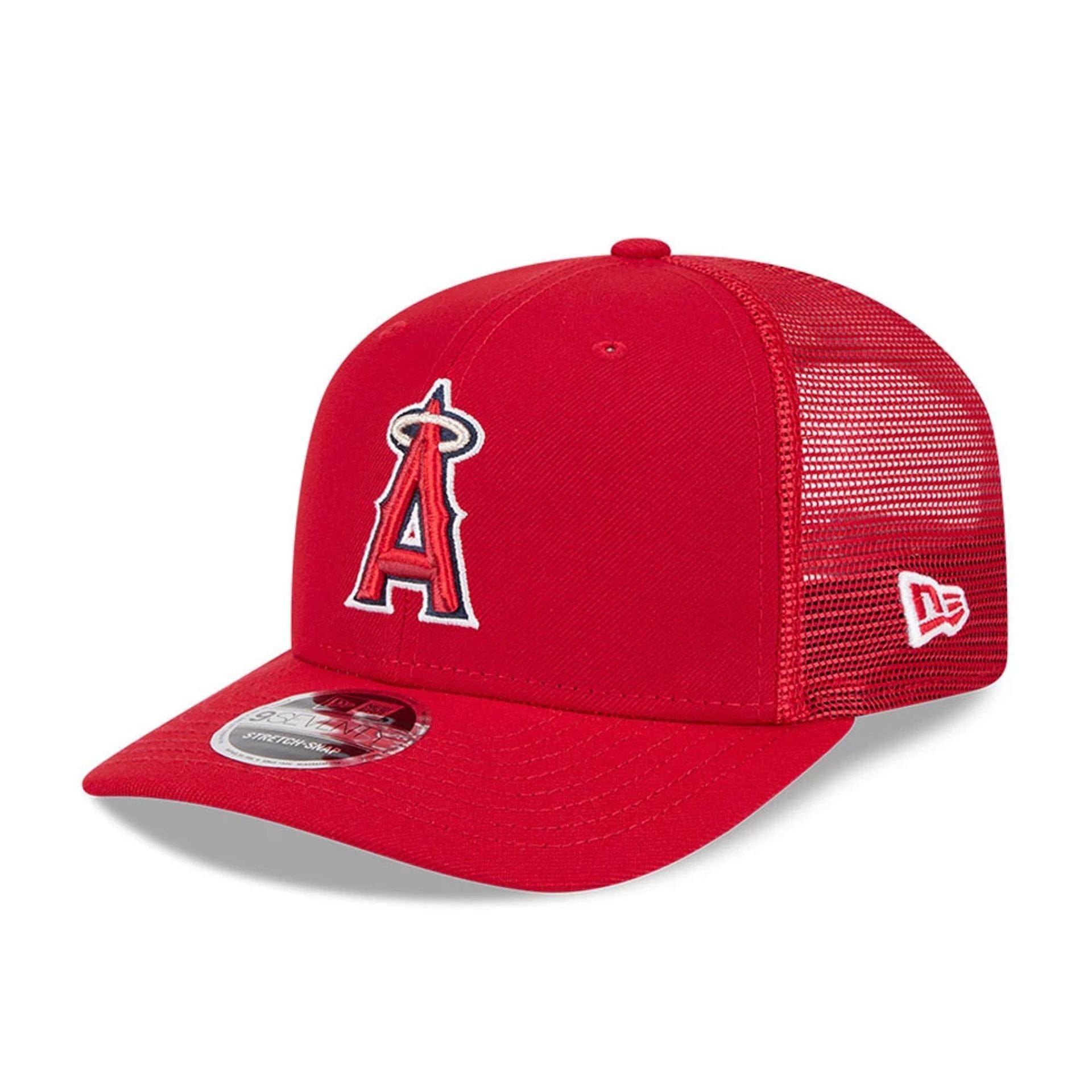 Pictured is this MLB Evergreen LA Angels 9SEVENTY Stretch Snap cap in red. 1