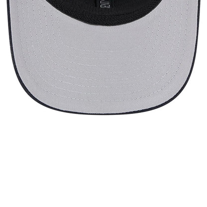 Houston Astros MLB Evergreen Navy New Era 9SEVENTY Stretch Snap Adjustable Cap, inside view showing the black sweatband with an embroidered New Era logo and grey undervisor with detailed stitching.
