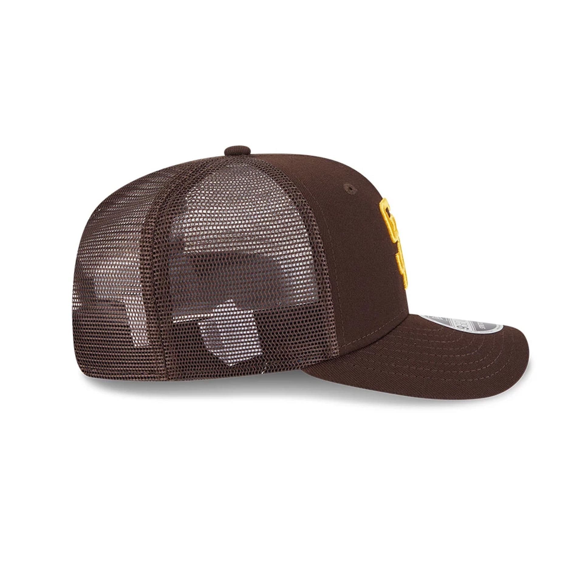 Pictured is this MLB Evergreen San Diego Padres 9SEVENTY Stretch Snap cap in dark brown. 6