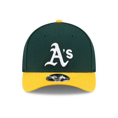 Athletics MLB Player Replica Dark Green New Era 9FORTY M-Crown Adjustable Cap, front view showing the white embroidered A logo on the structured green crown, with a yellow visor and a 9FORTY size sticker on the visor.