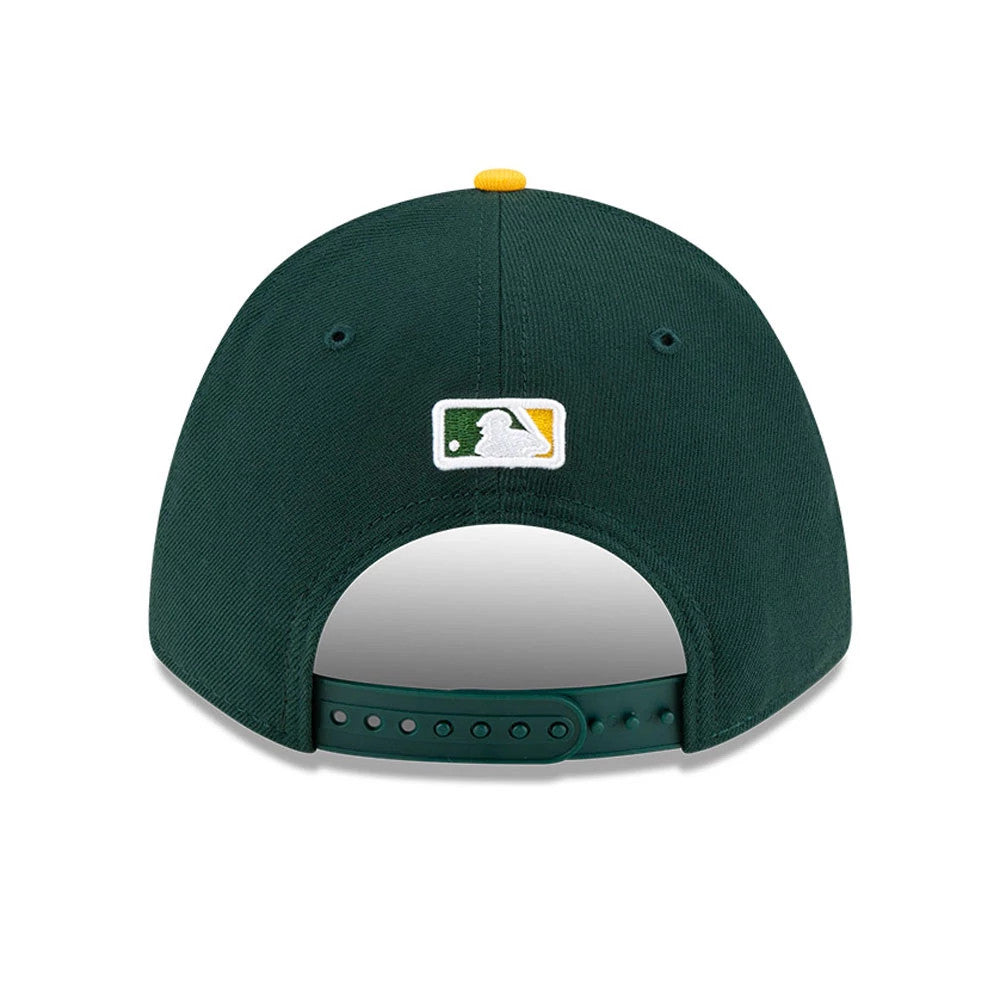 Athletics MLB Player Replica Dark Green New Era 9FORTY M-Crown Adjustable Cap, rear view showing the embroidered white and green MLB Batterman logo centred above the adjustable snap closure on the dark green crown.