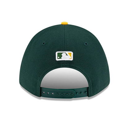 Athletics MLB Player Replica Dark Green New Era 9FORTY M-Crown Adjustable Cap, rear view showing the embroidered white and green MLB Batterman logo centred above the adjustable snap closure on the dark green crown.