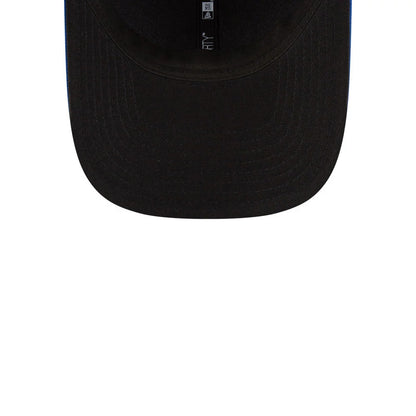 Kansas City Royals MLB Player Replica Blue New Era 9FORTY M-Crown Adjustable Cap, inside view showing the black undervisor with a 9FORTY size sticker on the underside and black taping along the seams.