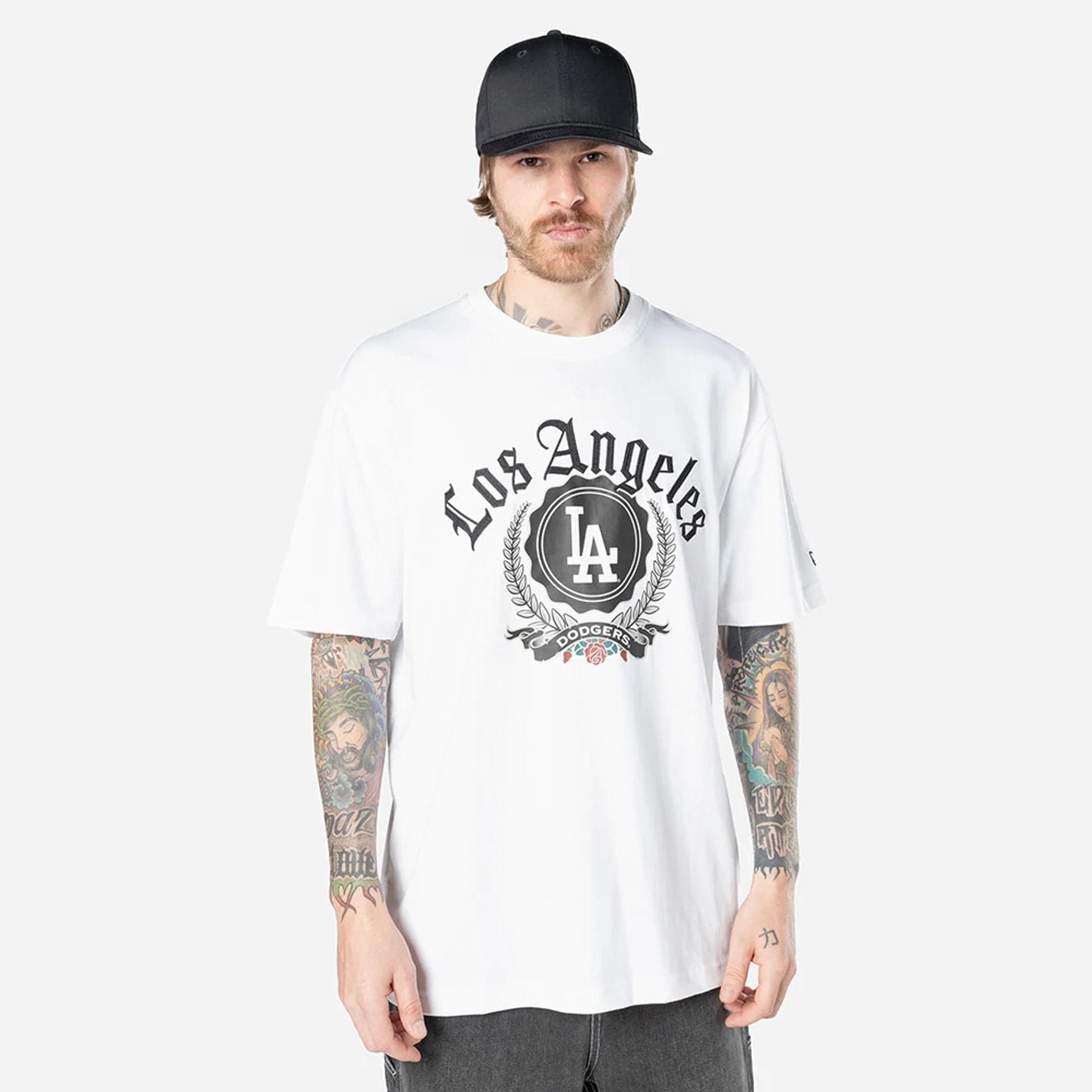 The Male model is wearing LA Dodgers Throwback Prep White T-Shirt 1