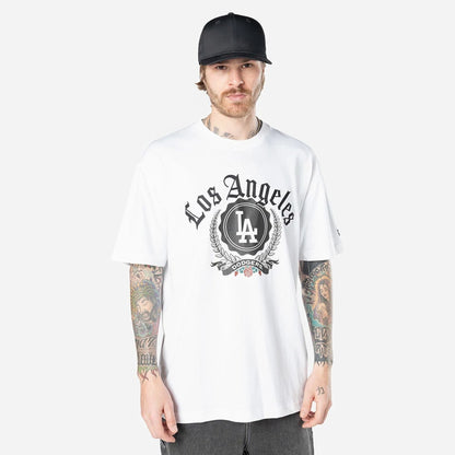 The Male model is wearing LA Dodgers Throwback Prep White T-Shirt 1