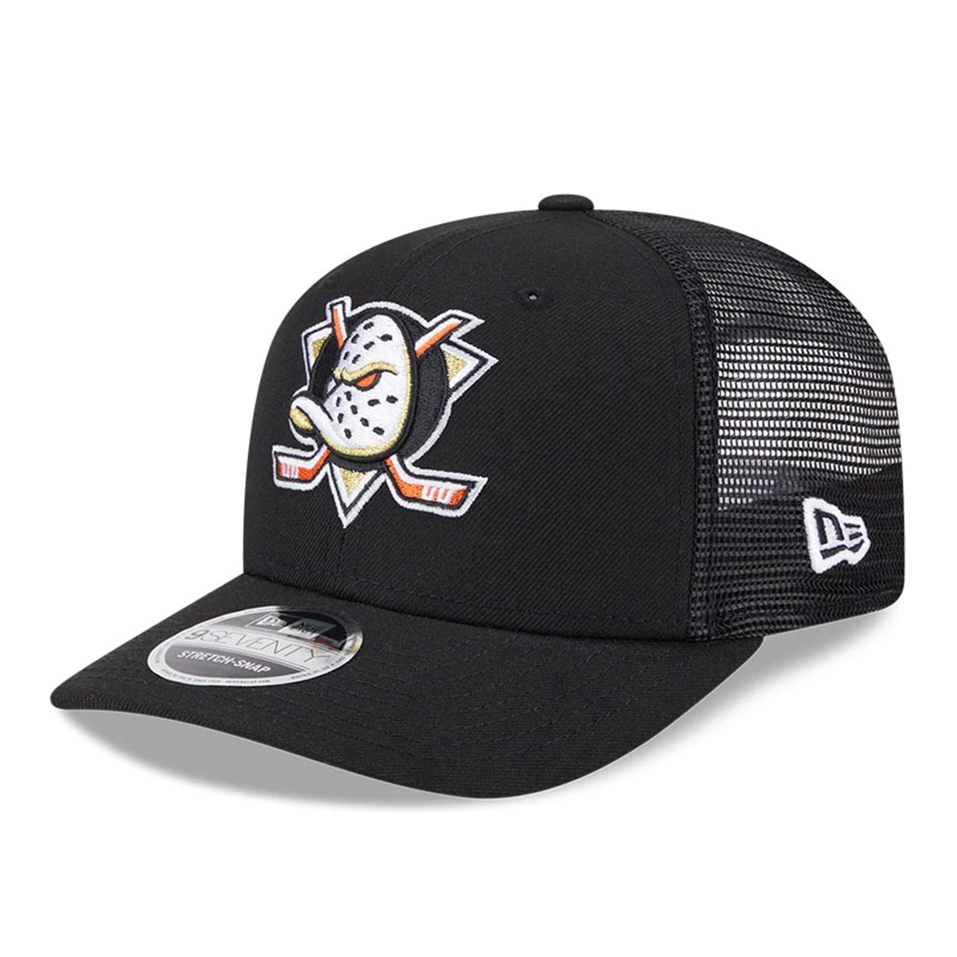 Pictured is this NHL Evergreen Anaheim Ducks 9SEVENTY Stretch Snap cap in black. 1