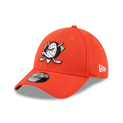 Pictured is this NHL Evergreen Anaheim Ducks 39THIRTY Stretch Fit cap in orange. 1