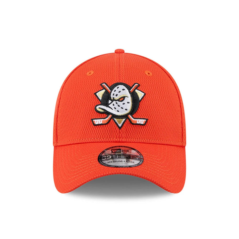 Anaheim Ducks NHL Evergreen Orange New Era 39THIRTY Stretch Fit Cap, front view showing the team logo in black and white with raised embroidery on the structured orange crown, above the 39THIRTY size sticker on the curved visor.