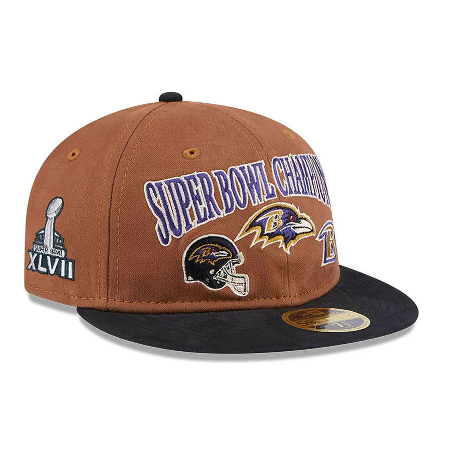 This is a Baltimore Ravens NFL Champions Dark Beige Retro Crown 59FIFTY Fitted Cap 1