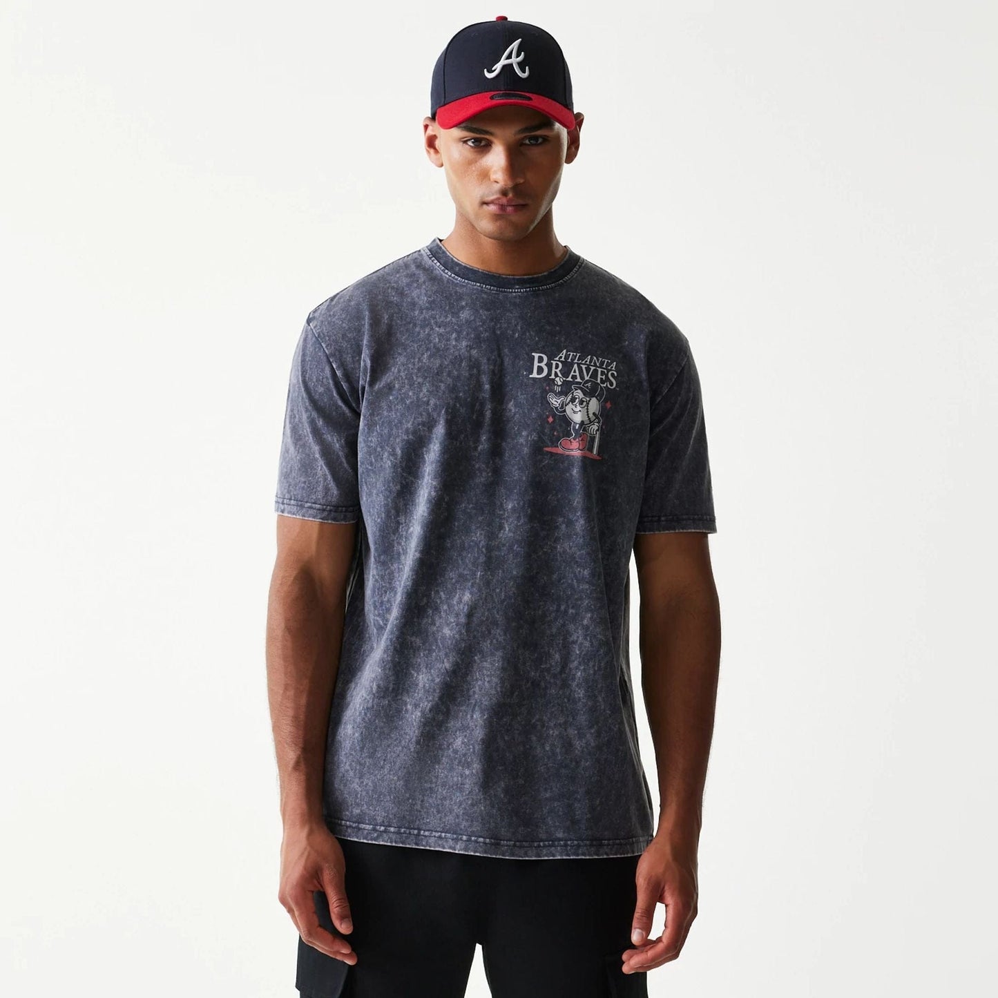 The Male model is wearing Atlanta Braves MLB Character Navy T-Shirt 1