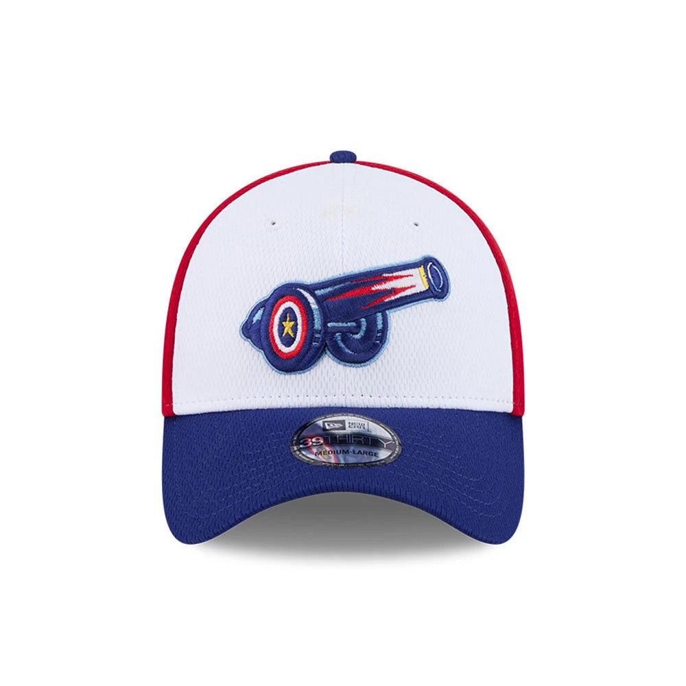 Pictured is this MiLB Batting Practice Kannapolis Cannon Ballers 39THIRTY Stretch Fit cap in red. 3