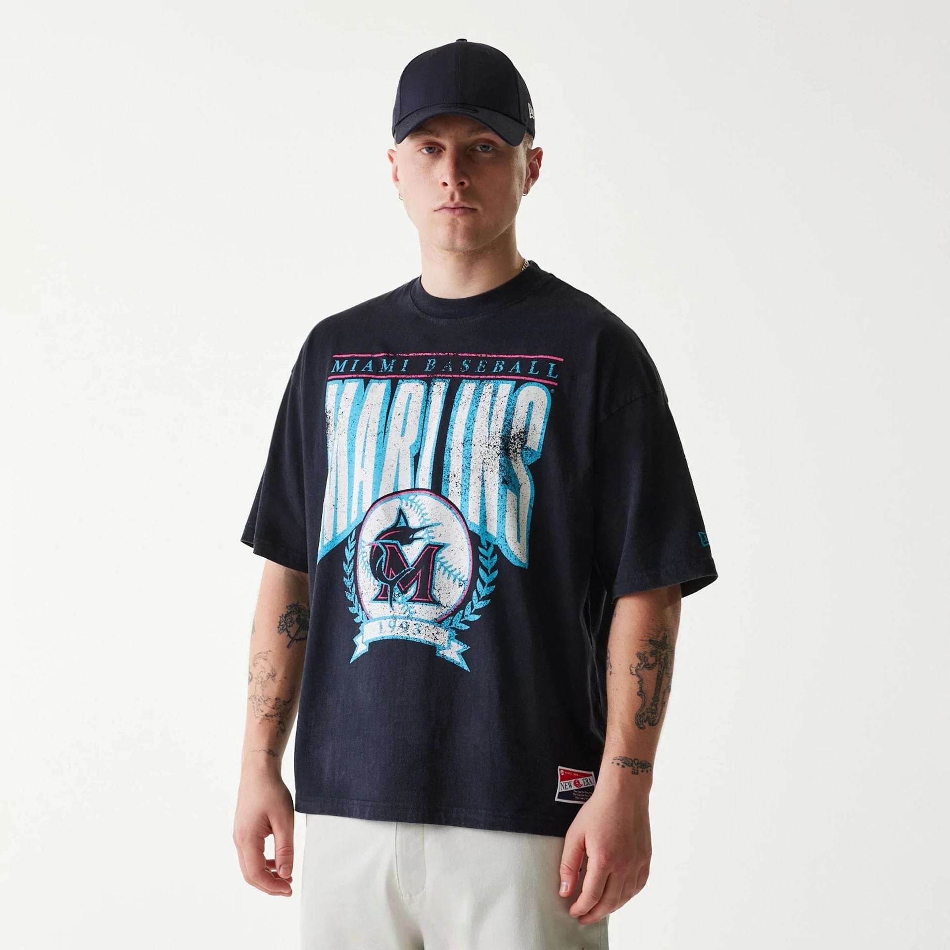 The Male model is wearing Miami Marlins MLB City Connect G1 Black T-Shirt 7