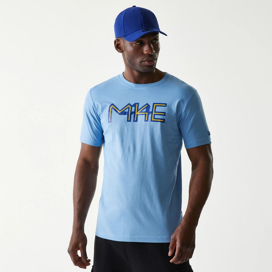 The Male model is wearing Milwaukee Brewers MLB City Connect Blue T-Shirt 1