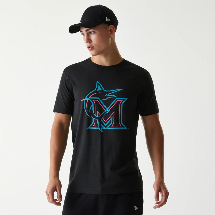 The Male model is wearing Miami Marlins MLB City Connect 2025 Black T-Shirt 1