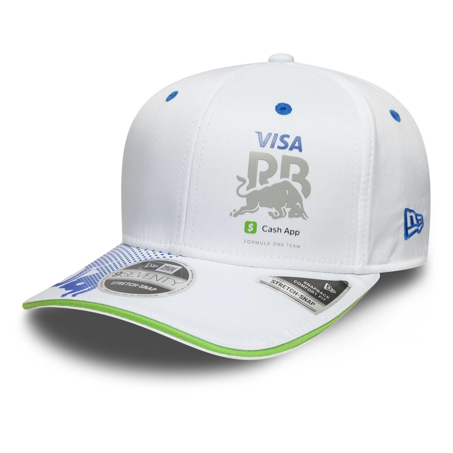 This is a Visa Cash App Racing Bulls Team White 9SEVENTY Stretch Snap Adjustable Cap 1