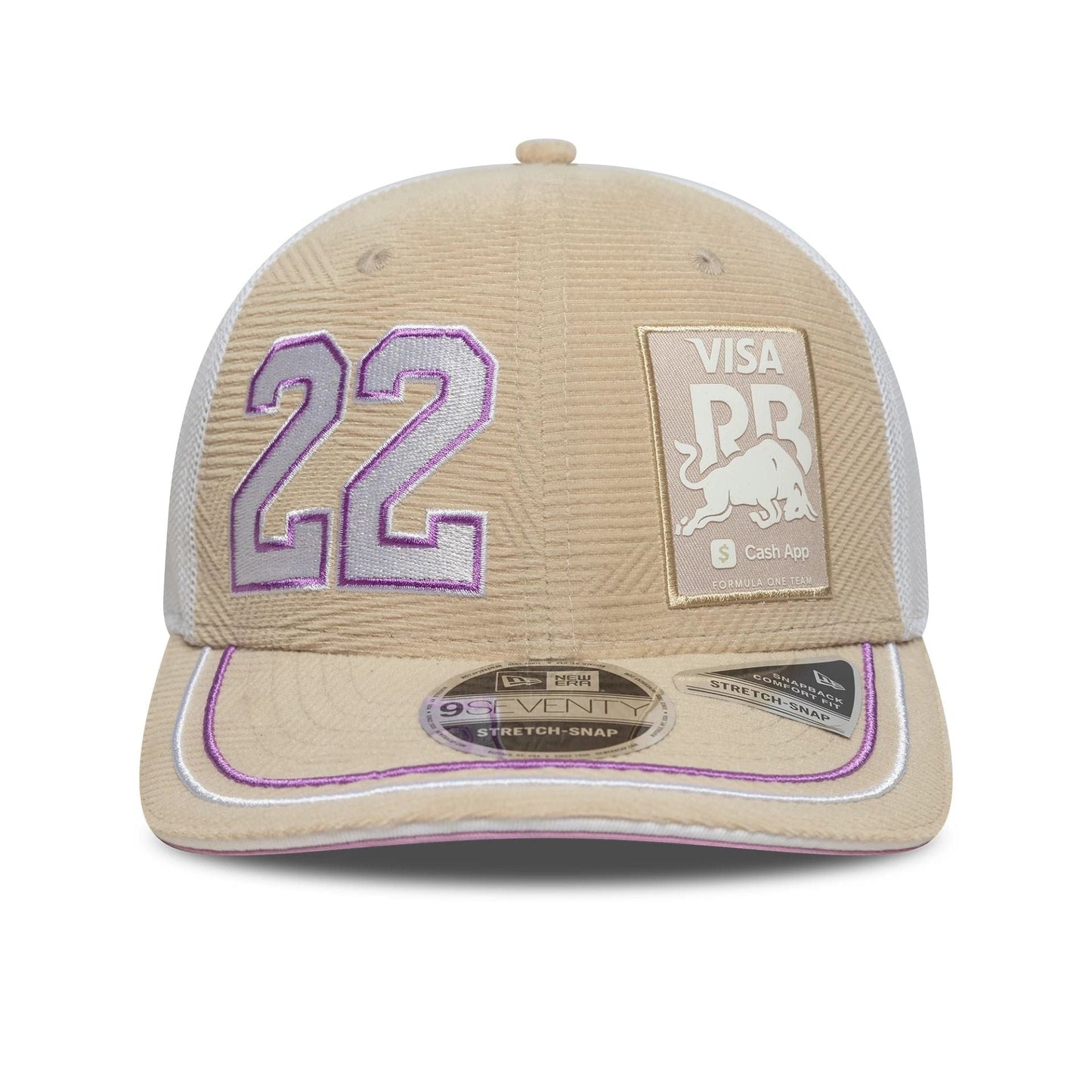 This is a Visa Cash App Racing Bulls Yuki Tsunoda Monaco Race Special Cream 9SEVENTY Stretch Snap Adjustable Cap 3