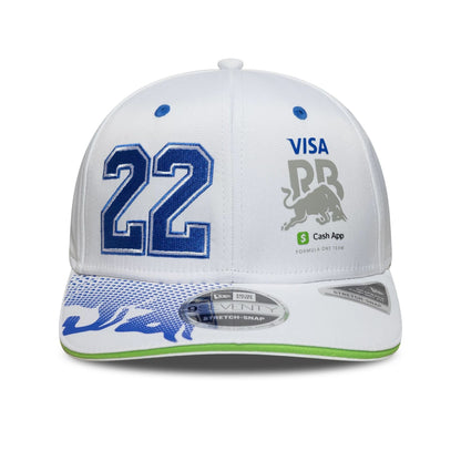 This is a Visa Cash App Racing Bulls Driver Yuki Tsunoda White 9SEVENTY Stretch Snap Adjustable Cap 2