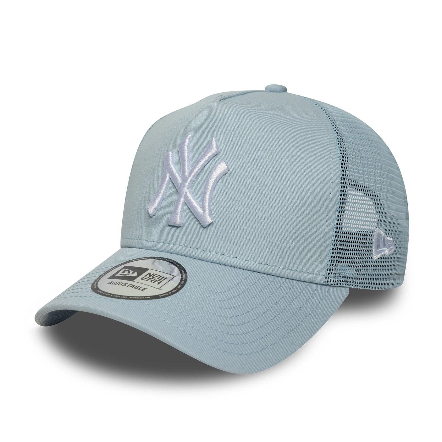 This is a New York Yankees MLB League Essential Pastel Blue 9FORTY A-Frame Trucker Adjustable Cap 1