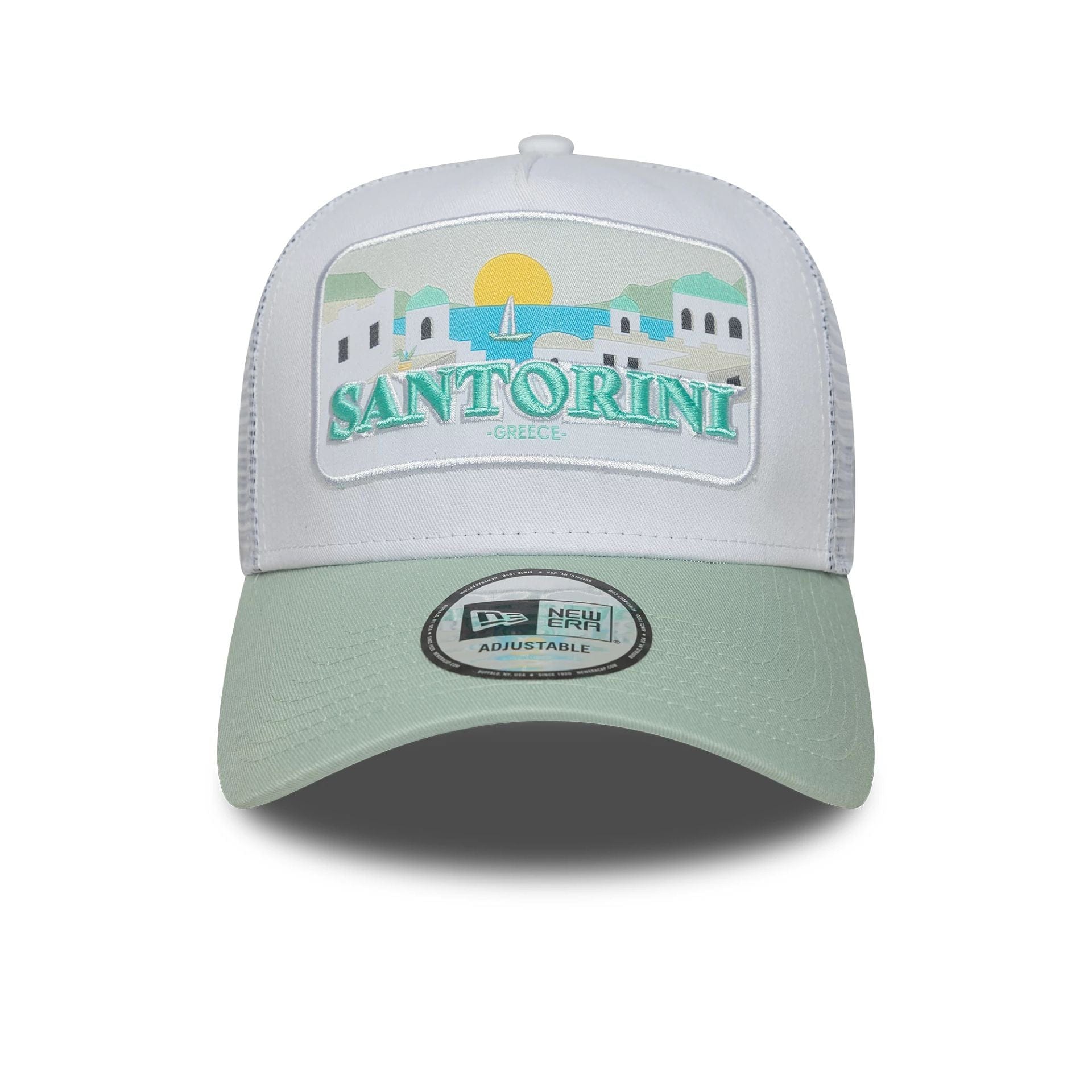 This is a New Era Summer Santorini Pastel Green 9FORTY A-Frame Trucker Adjustable Cap 2