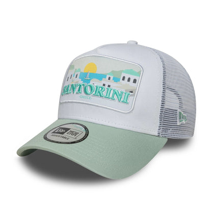 This is a New Era Summer Santorini Pastel Green 9FORTY A-Frame Trucker Adjustable Cap 1
