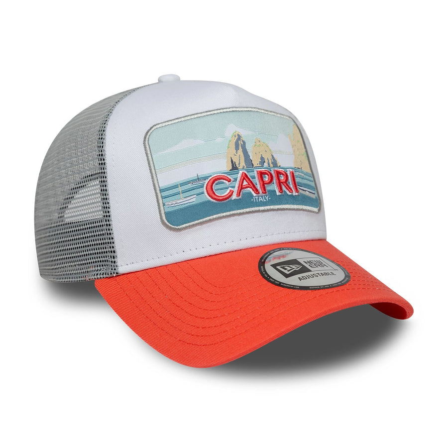 This is a New Era Summer Capri Orange 9FORTY A-Frame Trucker Adjustable Cap 3