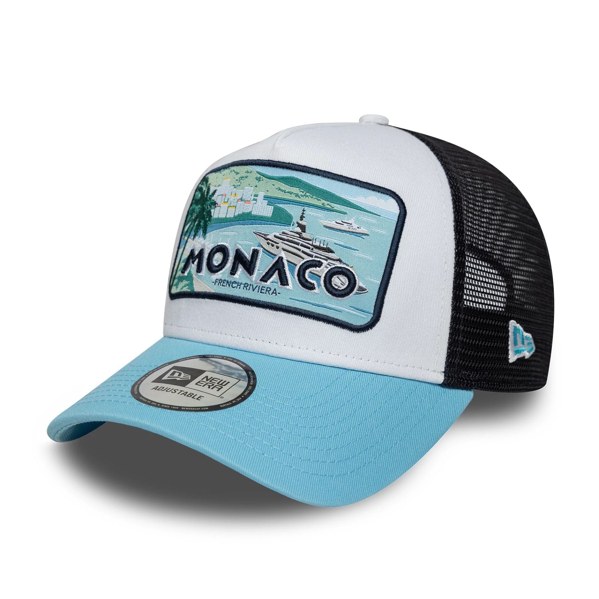 This is a New Era Summer Monaco Pastel Blue 9FORTY A-Frame Trucker Adjustable Cap 1