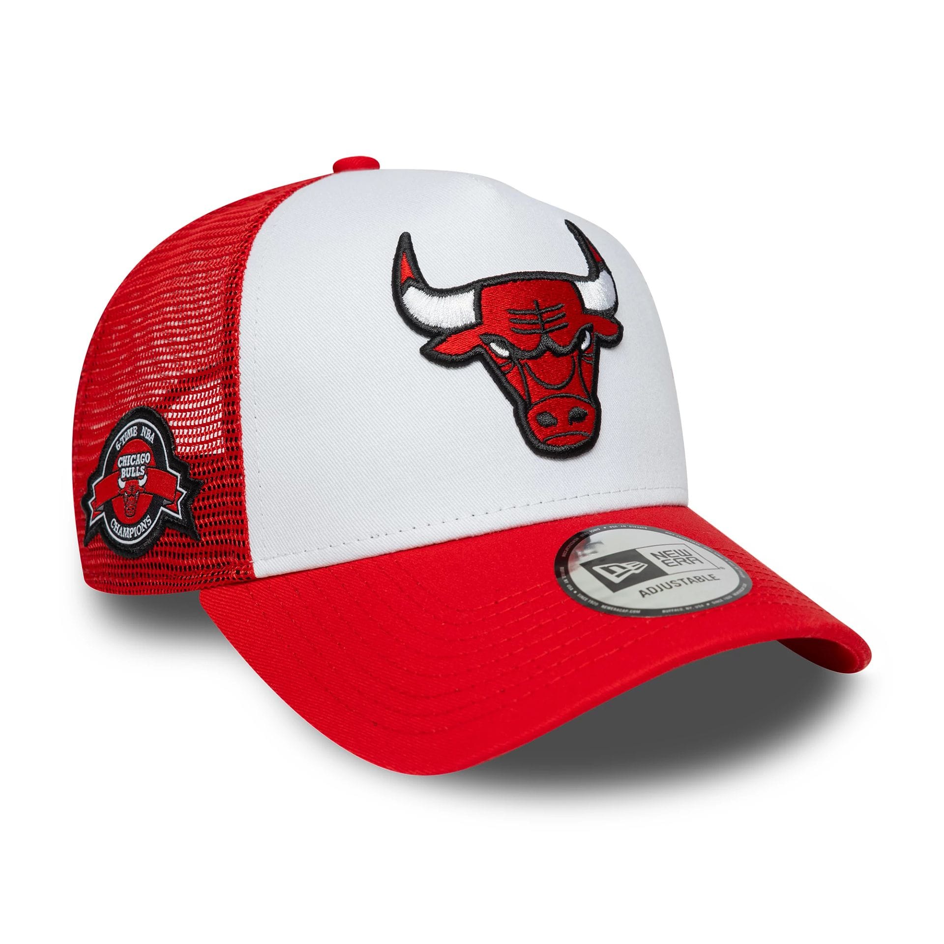 This is a Chicago Bulls NBA Side Patch Red 9FORTY A-Frame Trucker Adjustable Cap 1