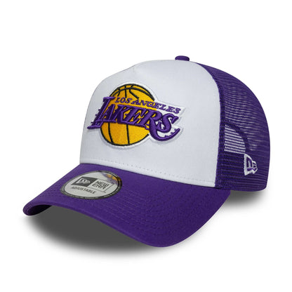 This is a LA Lakers NBA Side Patch Purple 9FORTY A-Frame Trucker Adjustable Cap 3