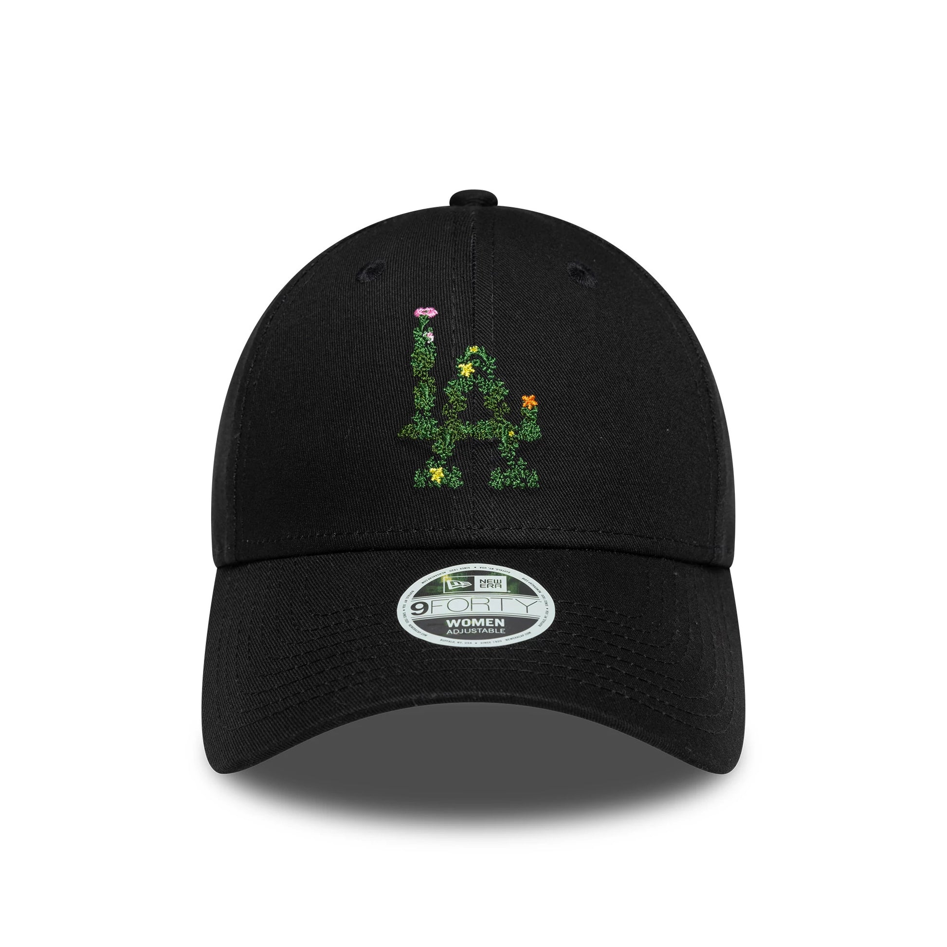 Pictured is this Womens MLB Floral Infill LA Dodgers 9FORTY cap in black. 2