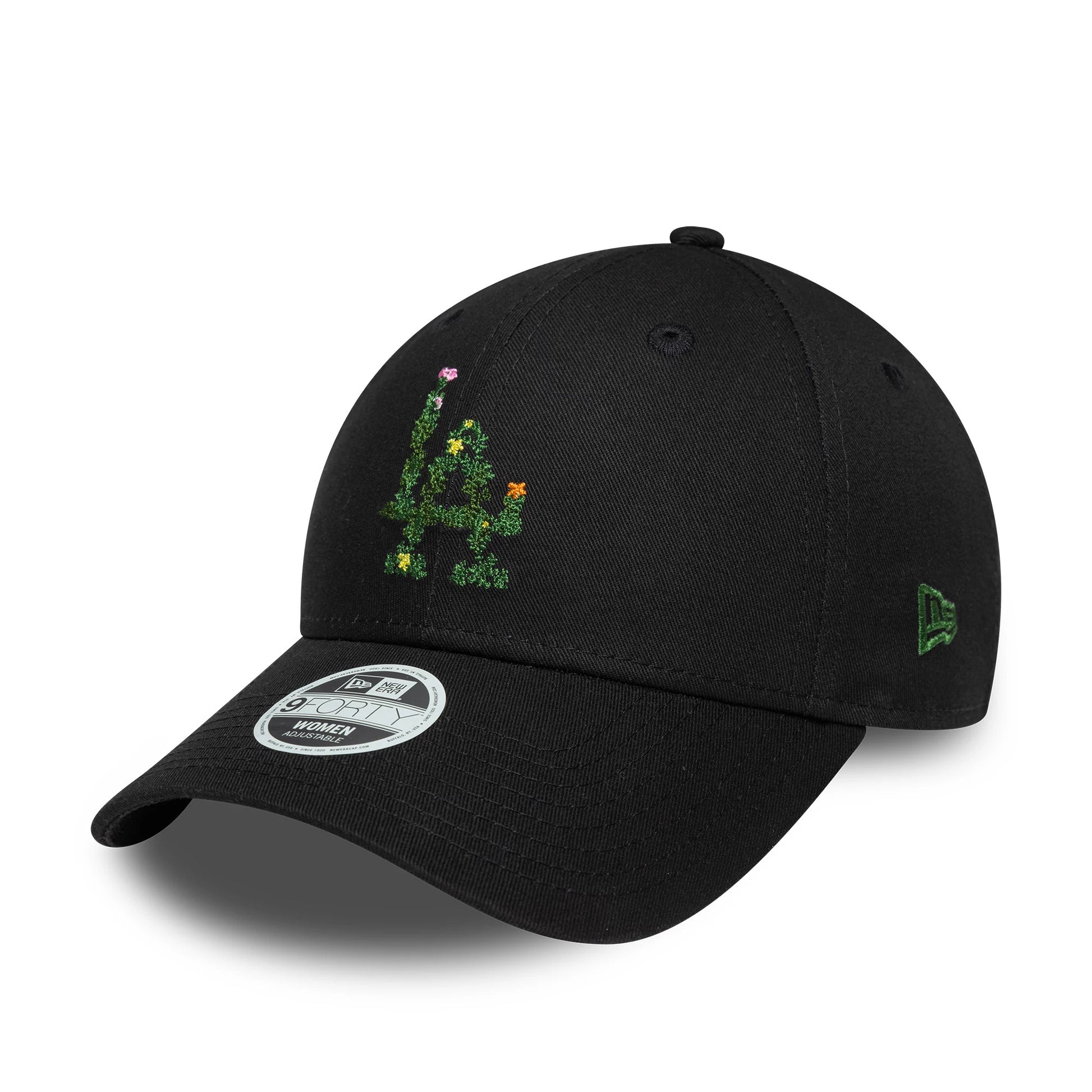 Pictured is this Womens MLB Floral Infill LA Dodgers 9FORTY cap in black. 1