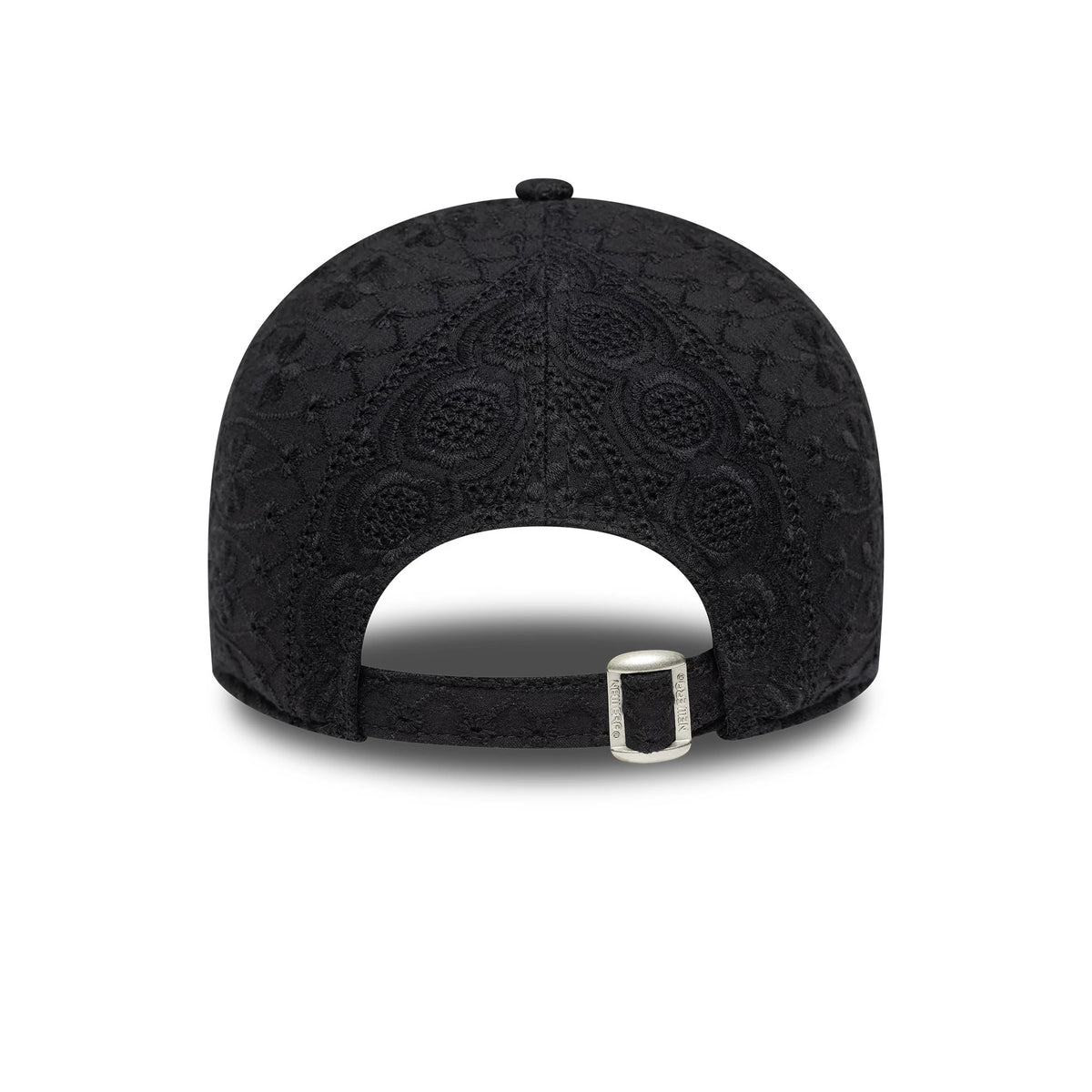 New York Yankees Womens MLB Broderie Black New Era 9TWENTY Adjustable Cap, rear view showing intricate broderie pattern covering the black crown and an adjustable strap with metal buckle for a custom fit.