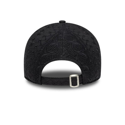 New York Yankees Womens MLB Broderie Black New Era 9TWENTY Adjustable Cap, rear view showing intricate broderie pattern covering the black crown and an adjustable strap with metal buckle for a custom fit.