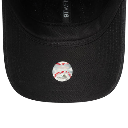 New York Yankees Womens MLB Broderie Black New Era 9TWENTY Adjustable Cap, inside view showing black taping with a 9TWENTY label and a baseball hologram sticker on the black undervisor.
