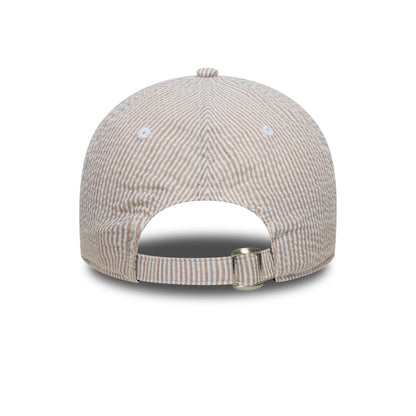 Athletics MLB Seersucker Light Beige New Era 9TWENTY Adjustable Cap, rear view showing the strap with metal buckle, centred on the light beige and white striped crown.