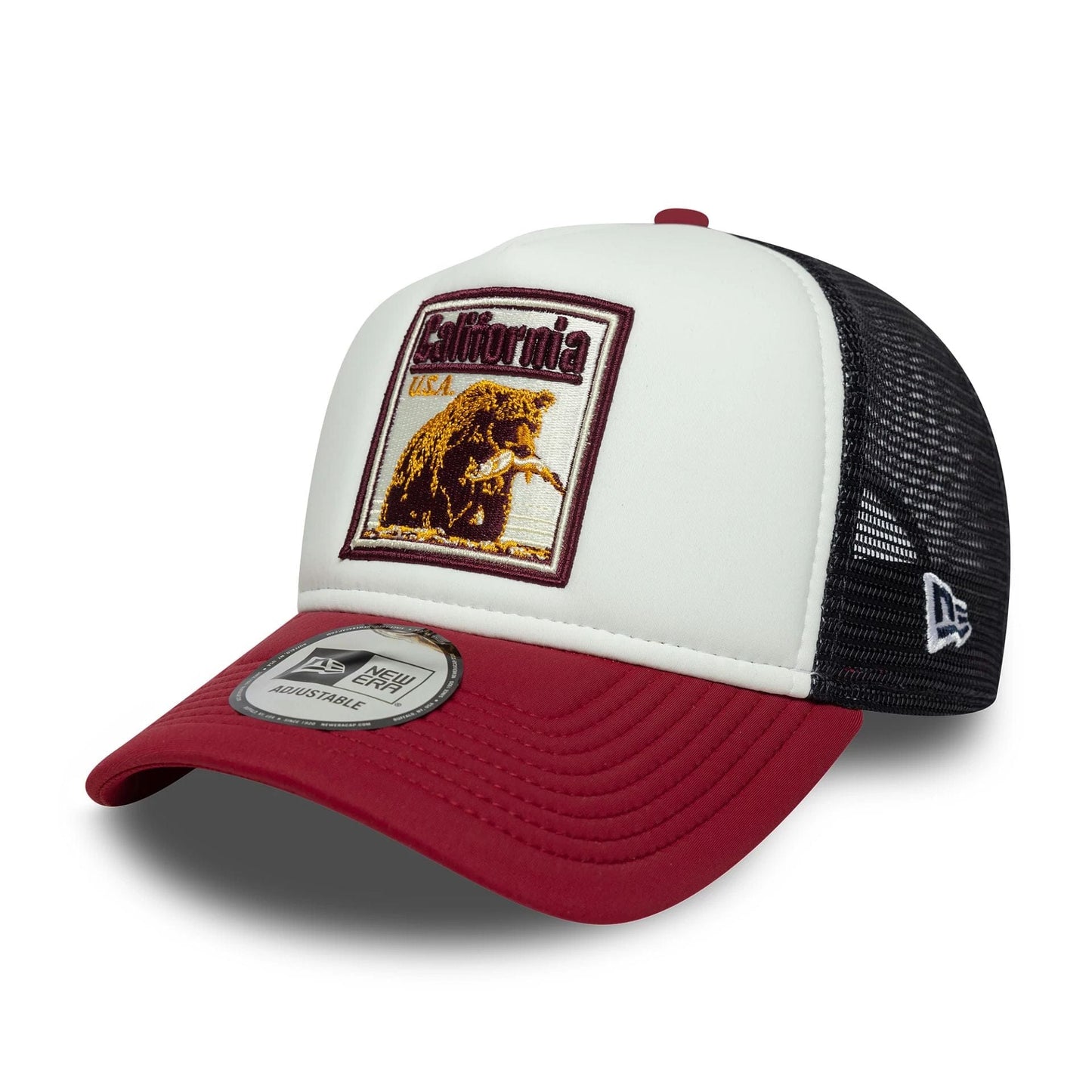 This is a New Era Graphic Patch White 9FORTY A-Frame Trucker Adjustable Cap 1