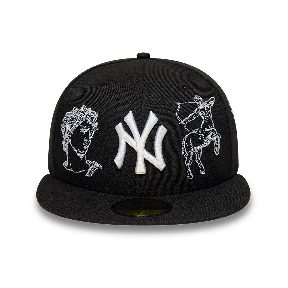 New York Yankees MLB Mythical Black New Era 59FIFTY Fitted Cap, front view showing white raised NY logo centred between detailed white mythical figure embroideries, with a flat black visor and gold 59FIFTY size sticker.