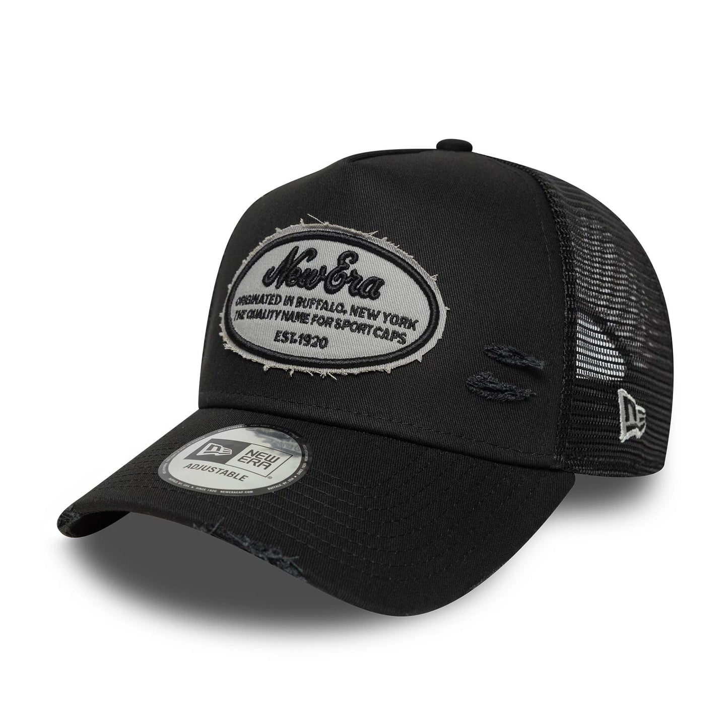 This is a New Era Distressed Oval Patch Black 9FORTY A-Frame Trucker Adjustable Cap 1