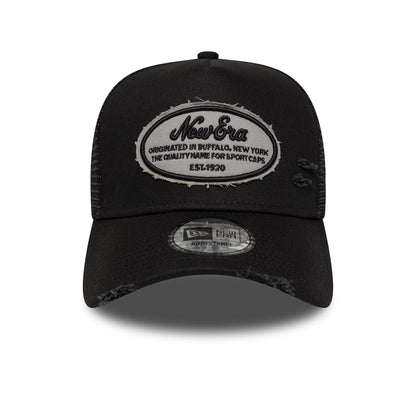 This is a New Era Distressed Oval Patch Black 9FORTY A-Frame Trucker Adjustable Cap 2