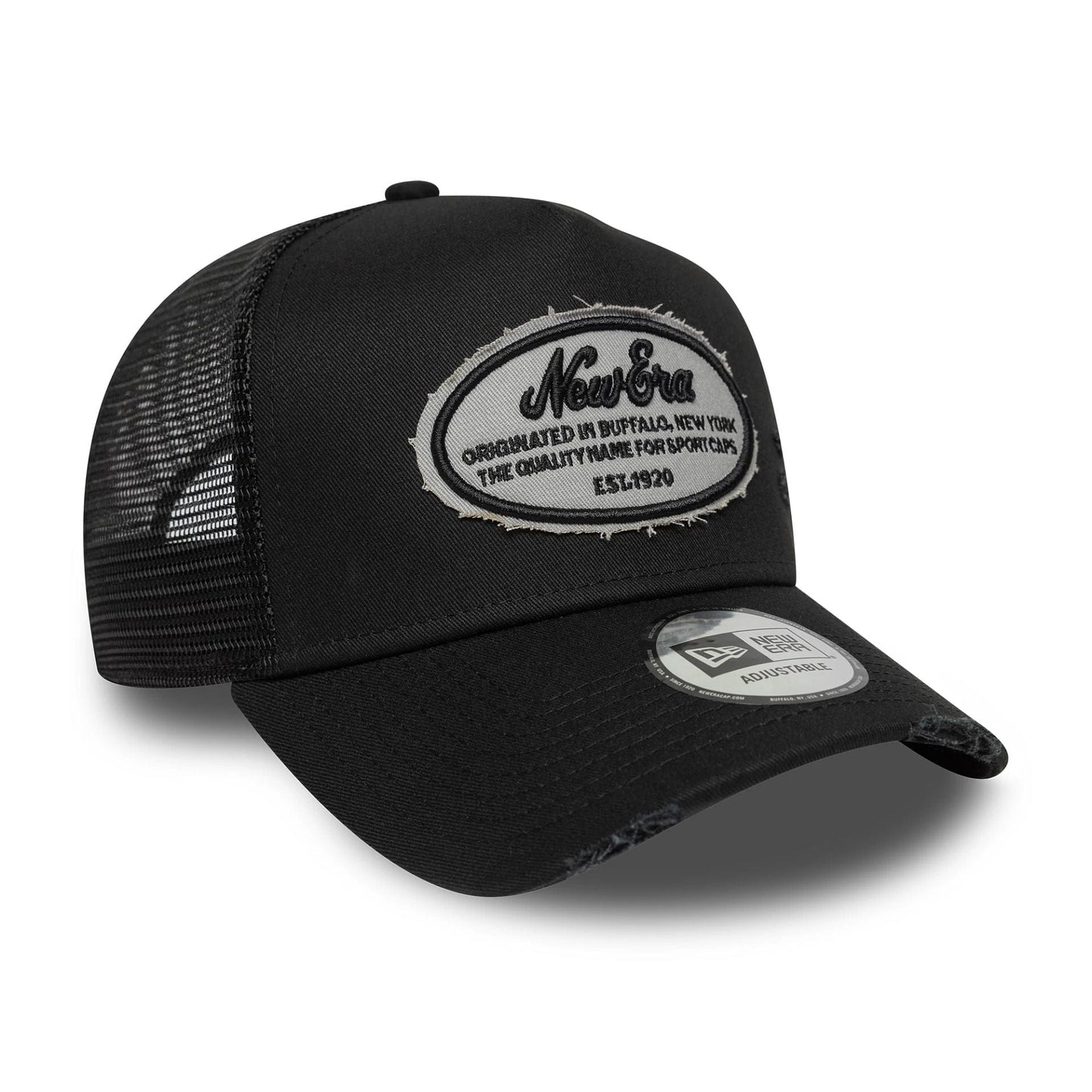 This is a New Era Distressed Oval Patch Black 9FORTY A-Frame Trucker Adjustable Cap 3